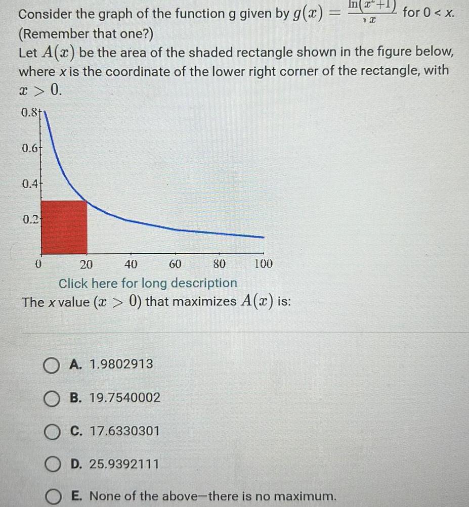 Consider the graph of the function g given by g x Remember that one Let A x be the area of the shaded rectangle shown in the figure below where x is the coordinate of the lower right corner of the rectangle with x 0 0 81 0 6 0 4 0 2 20 40 80 Click here for long description The x value x 0 that maximizes A x is 0 OA 1 9802913 B 19 7540002 O C 17 6330301 D 25 9392111 60 100 In x 1 C OE None of the above there is no maximum for 0 x