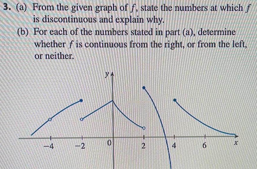 3 a From the given graph of f state the numbers at which f is discontinuous and explain why b For each of the numbers stated in part a determine whether f is continuous from the right or from the left or neither 4 2 YA 0 2 4 6