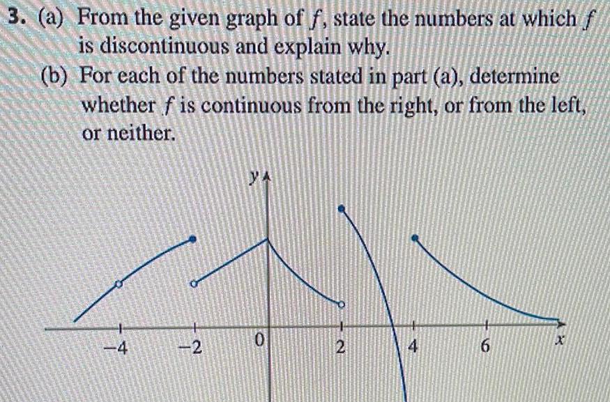 3 a From the given graph of f state the numbers at which f is discontinuous and explain why b For each of the numbers stated in part a determine whether f is continuous from the right or from the left or neither 4 2 YA 0 2 4 6