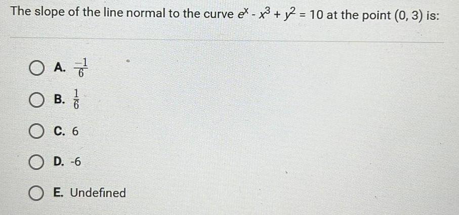 The slope of the line normal to the curve ex x 2 10 at the point 0 3 is OA O B 6 O C 6 O D 6 OE Undefined