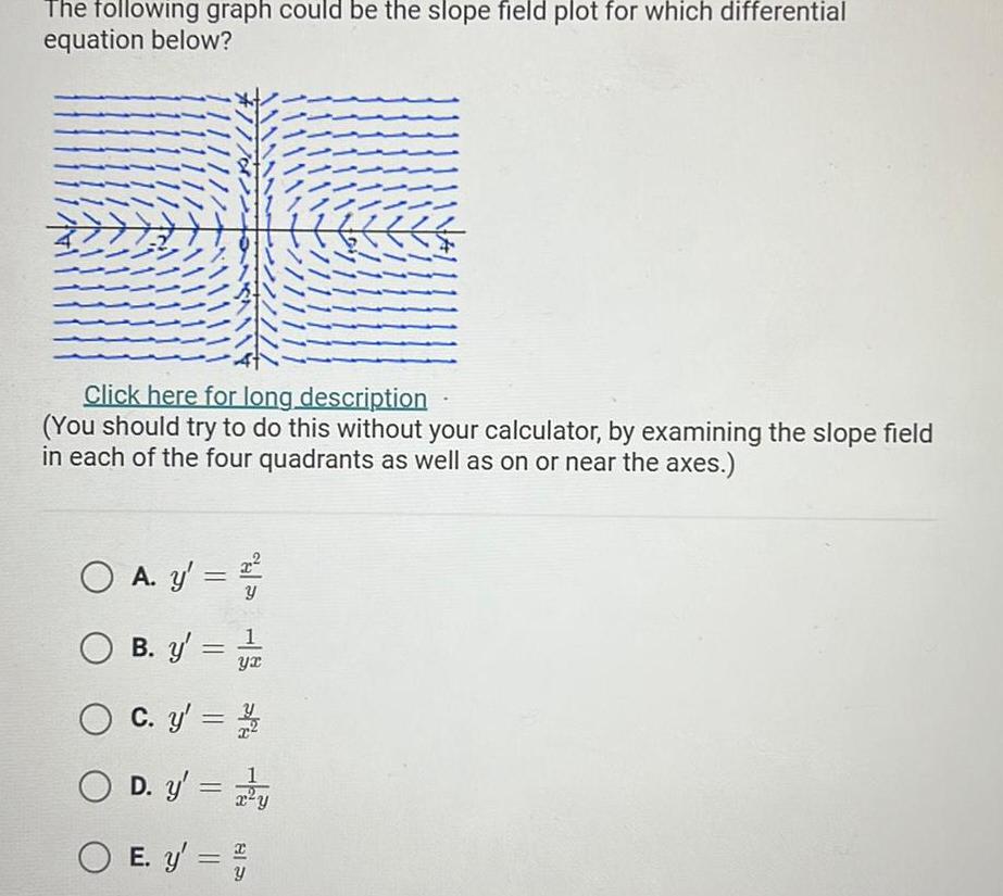 The following graph could be the slope field plot for which differential equation below X 2 O A y Y Click here for long description You should try to do this without your calculator by examining the slope field in each of the four quadrants as well as on or near the axes O B y 1 yx O O D y O E y C y 1 2 1111111 Go I 1 1 1 1 1 1 1 1 1 11 11
