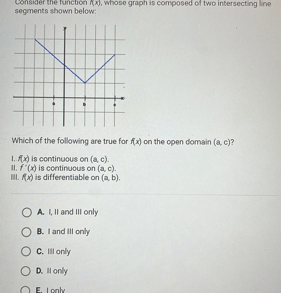 Consider the function x whose graph is composed of two intersecting line segments shown below Which of the following are true for f x on the open domain a c I f x is continuous on a c II f x is continuous on a c III f x is differentiable on a b A I II and III only B I and III only C III only D II only E I only