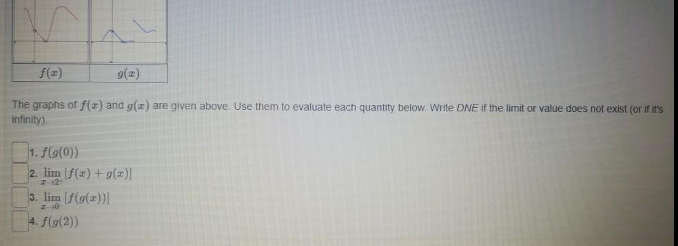 f x The graphs of f x and g z are given above Use them to evaluate each quantity below Write DNE if the limit or value does not exist or if it s infinity g x 1 f g 0 2 lim f x g x z 2 3 lim f g x 20 4 f g 2