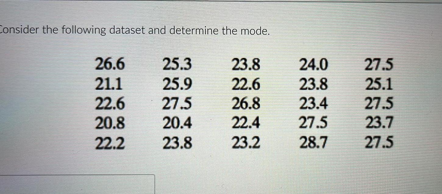 Consider the following dataset and determine the mode 26 6 21 1 22 6 20 8 22 2 25 3 25 9 27 5 20 4 23 8 23 8 22 6 26 8 22 4 23 2 24 0 23 8 23 4 27 5 28 7 27 5 25 1 27 5 23 7 27 5