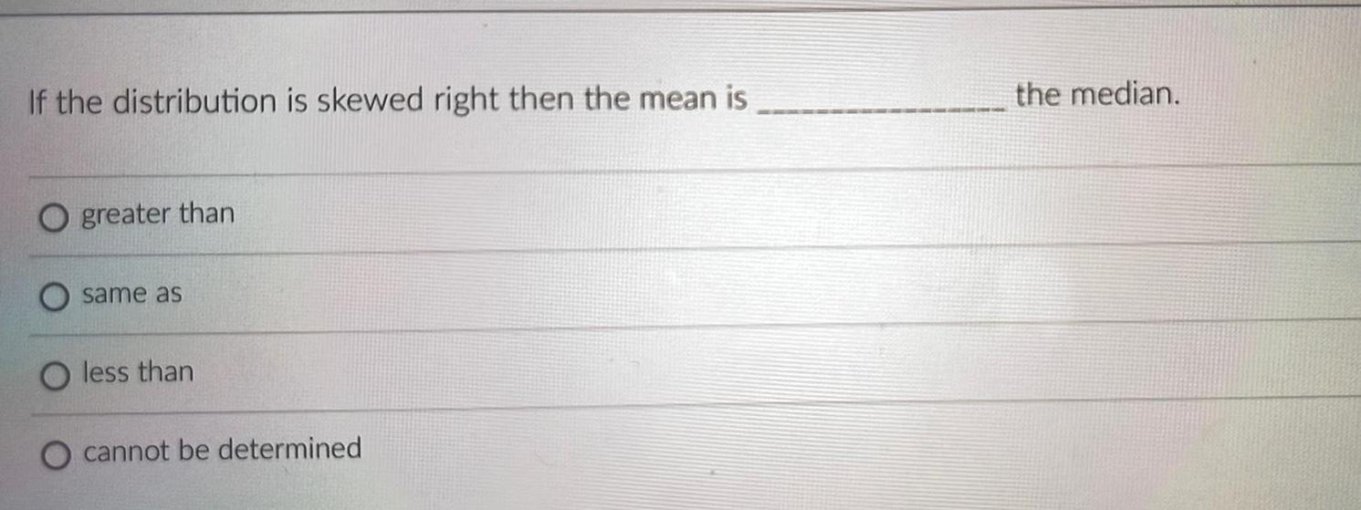 If the distribution is skewed right then the mean is greater than same as O less than cannot be determined the median