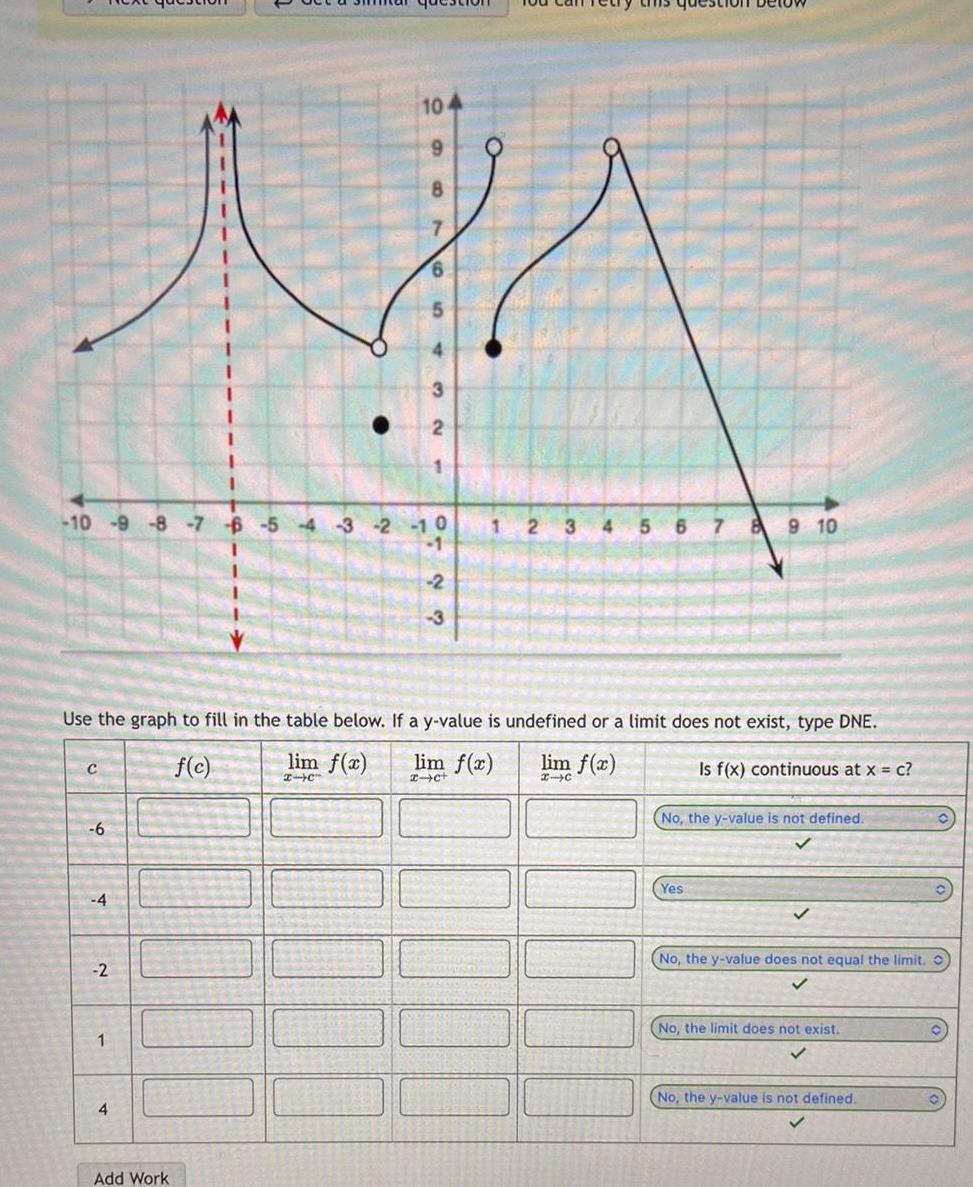 10 9 8 NA 6 10 9 8 7 6 5 4 3 2 10 1 2 1 C 6 4 2 Use the graph to fill in the table below If a y value is undefined or a limit does not exist type DNE lim f x lim f x f c lim I C 2 c 1 32 4 Add Work 3 3 4 5 6 7 8 9 10 Yes Is f x continuous at x c No the y value is not defined No the y value does not equal the limit No the limit does not exist No the y value is not defined O