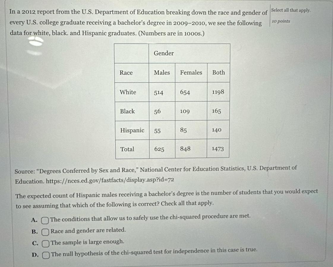 In a 2012 report from the U S Department of Education breaking down the race and gender of Select all that apply every U S college graduate receiving a bachelor s degree in 2009 2010 we see the following data for white black and Hispanic graduates Numbers are in 1000s 10 points A B Race C White D Black Gender Total Males Females 514 56 Hispanic 55 654 109 85 625 848 Both 1198 Source Degrees Conferred by Sex and Race National Center for Education Statistics U S Department of https nces ed gov fastfacts display asp id 72 Education 165 The expected count of Hispanic males receiving a bachelor s degree is the number of students that you would expect to see assuming that which of the following is correct Check all that apply 140 1473 The conditions that allow us to safely use the chi squared procedure are met Race and gender are related The sample is large enough The null hypothesis of the chi squared test for independence in this case is true