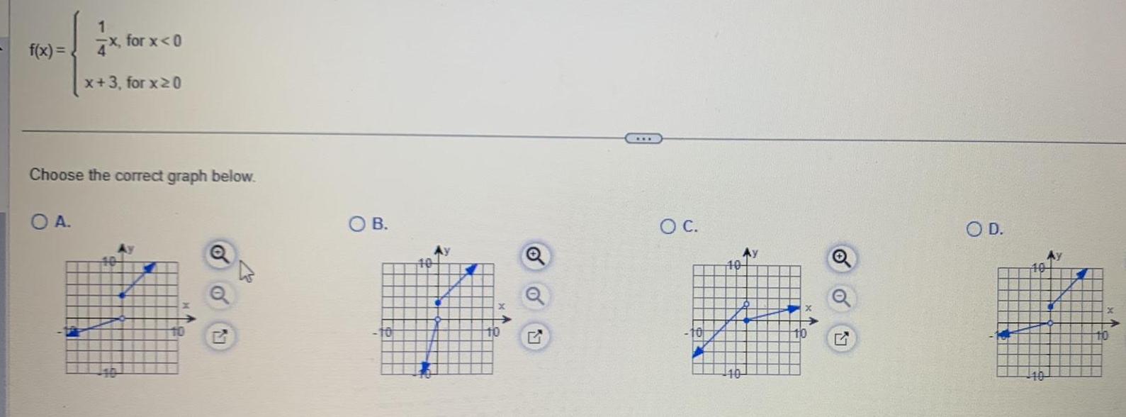 f x 1 4x for x 0 x 3 for x 0 Choose the correct graph below OA 0 Ay 10 O B O C 10 10 110 Q O D 10 10 2