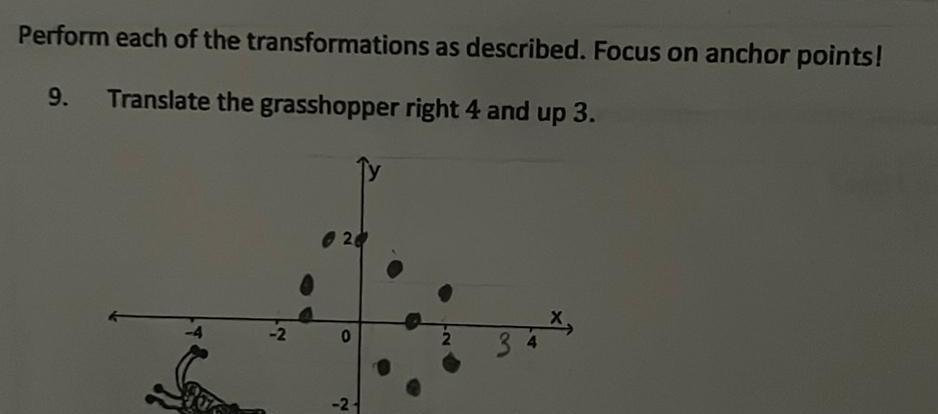 Perform each of the transformations as described Focus on anchor points 9 Translate the grasshopper right 4 and up 3 2 20 0 2 2 3