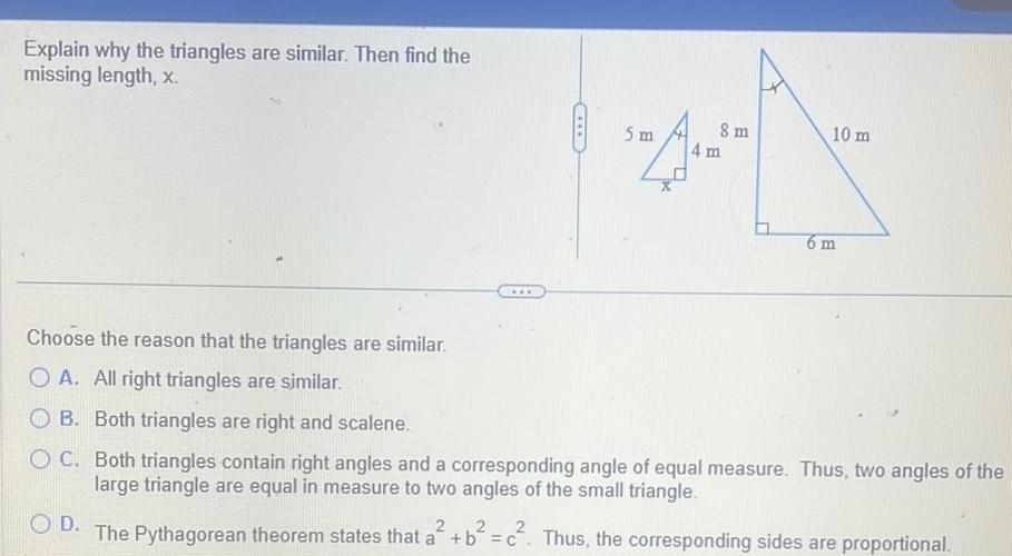 [ANSWERED] Explain why the triangles are similar Then find the