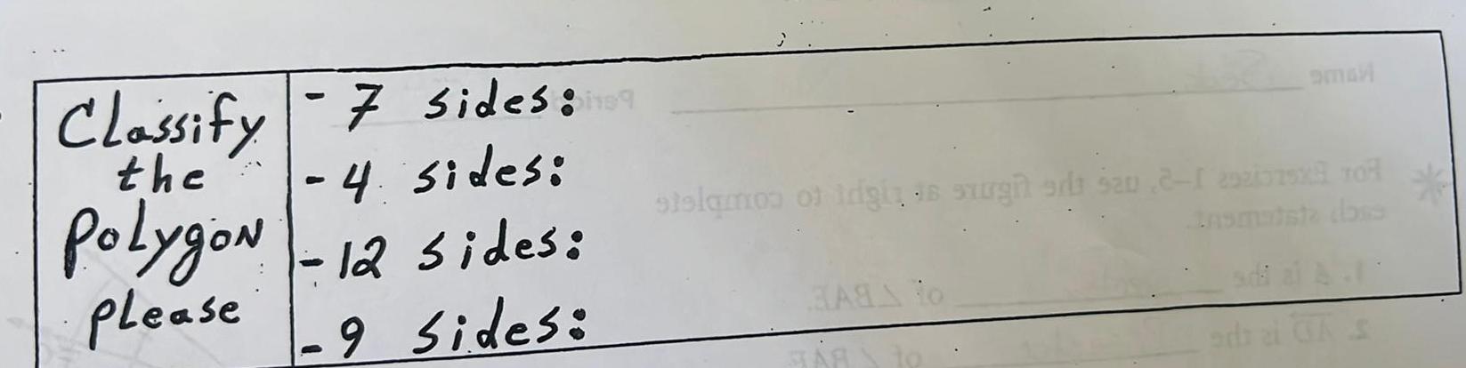 Classify 7 Sides 09 4 sides the PolygoN 12 sides please 9 Sides Smal sielamos of trigins surgit sri sau 2 1 292075 207 BASS to ABS te