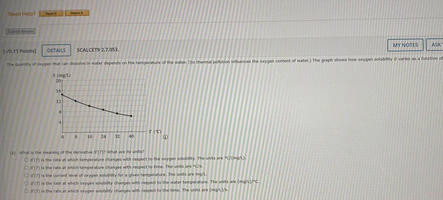 Need Help Submit Answer Read It DETAILS 16 12 8 0 11 Points The quantity of oxygen that can dissolve in water depends on the temperature of the water So thermal pollution influences the oxygen content of water The graph shows how oxygen solubility S varies as a function of s mg L 20 4 Watch It 0 SCALCET9 2 7 053 8 16 24 32 40 T C MY NOTES a What is the meaning of the derivative S T What are its units OS T is the rate at which temperature changes with respect to the oxygen solubility The units are C mg L OS T is the rate at which temperature changes with respect to time The units are C s OS T is the current level of oxygen solubility for a given temperature The units are mg L OS T is the rate at which oxygen solubility changes with respect to the water temperature The units are mg L C OS T is the rate at which oxygen solubility changes with respect to the time The units are mg L s ASK