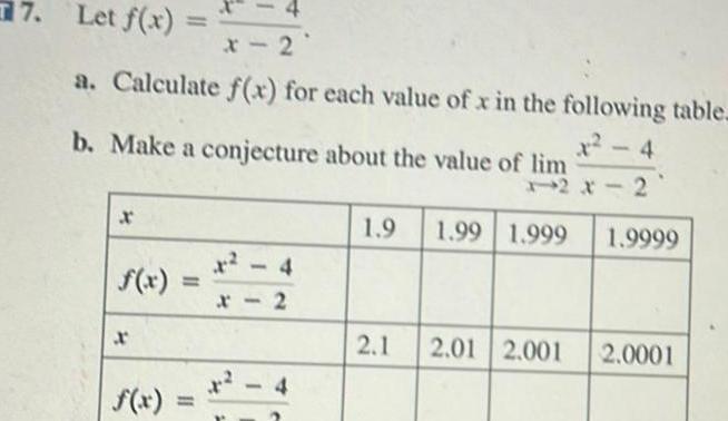 7 Let f x a Calculate f x for each value of x in the following table x 4 X b Make a conjecture about the value of lim X 11 2 4 X 2 1 9 12x 2 1 99 1 999 1 9999 2 1 2 01 2 001 2 0001