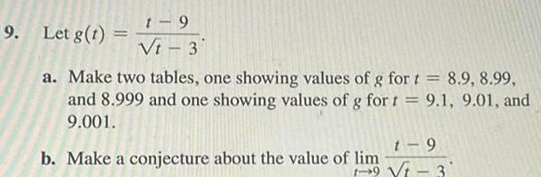 9 Let g 1 t 9 Vt 3 a Make two tables one showing values of g for t 8 9 8 99 and 8 999 and one showing values of g for t 9 1 9 01 and 9 001 t 9 9 Vt 3 b Make a conjecture about the value of lim