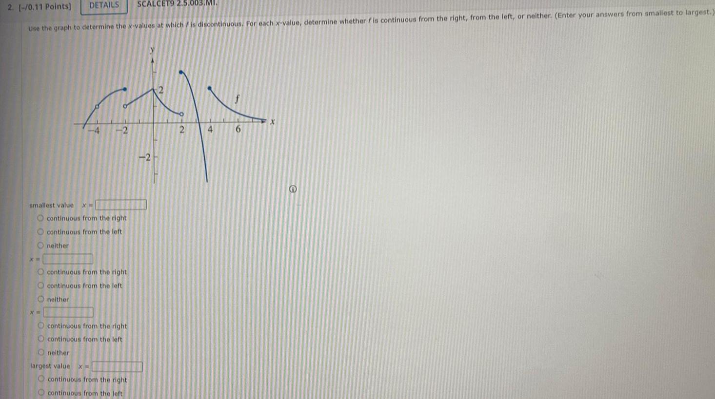 2 0 11 Points DETAILS SCALCET9 2 5 003 MI Use the graph to determine the x values at which is discontinuous For each x value determine whether fis continuous from the right from the left or neither Enter your answers from smallest to largest smallest value x O continuous from the right continuous from the left Oneither X 4711 2 2 O continuous from the right O continuous from the left Oneither O continuous from the right O continuous from the left O neither largest value X O continuous from the right continuous from the left 2 6 X