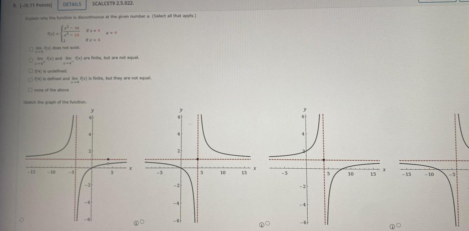 DETAILS 8 0 11 Points Explain why the function is discontinuous at the given number a Select all that apply 4X 15 SCALCET9 2 5 022 10 x 4 Om fx does not exist lim f x and lim x are finite but are not equal Sketch the graph of the function 4 is undefined 4 is defined and lim f x is finite but they are not equal none of the above a 4 4 5 5 y 6 4 2 2 6F 5 10 15 5 y 6 4 2 4 6F 5 10 15 X 15 10 5 1 1 1