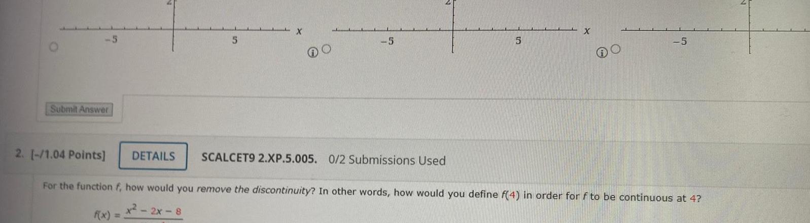 Submit Answer 5 5 X 5 5 DETAILS SCALCET9 2 XP 5 005 0 2 Submissions Used X 5 2 1 04 Points For the function f how would you remove the discontinuity In other words how would you define f 4 in order for f to be continuous at 4 2x 8