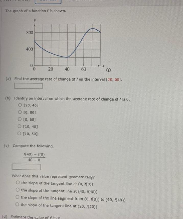 The graph of a function f is shown 800 400 0 0 20 40 c Compute the following f 40 f 0 40 0 60 a Find the average rate of change of f on the interval 50 60 b Identify an interval on which the average rate of change of f is 0 O 20 40 O 0 80 O 0 60 O 10 40 O 10 50 X What does this value represent geometrically O the slope of the tangent line at 0 f 0 d Estimate the value of f 50 O the slope of the tangent line at 40 f 40 O the slope of the line segment from 0 f 0 to 40 f 40 O the slope of the tangent line at 20 f 20