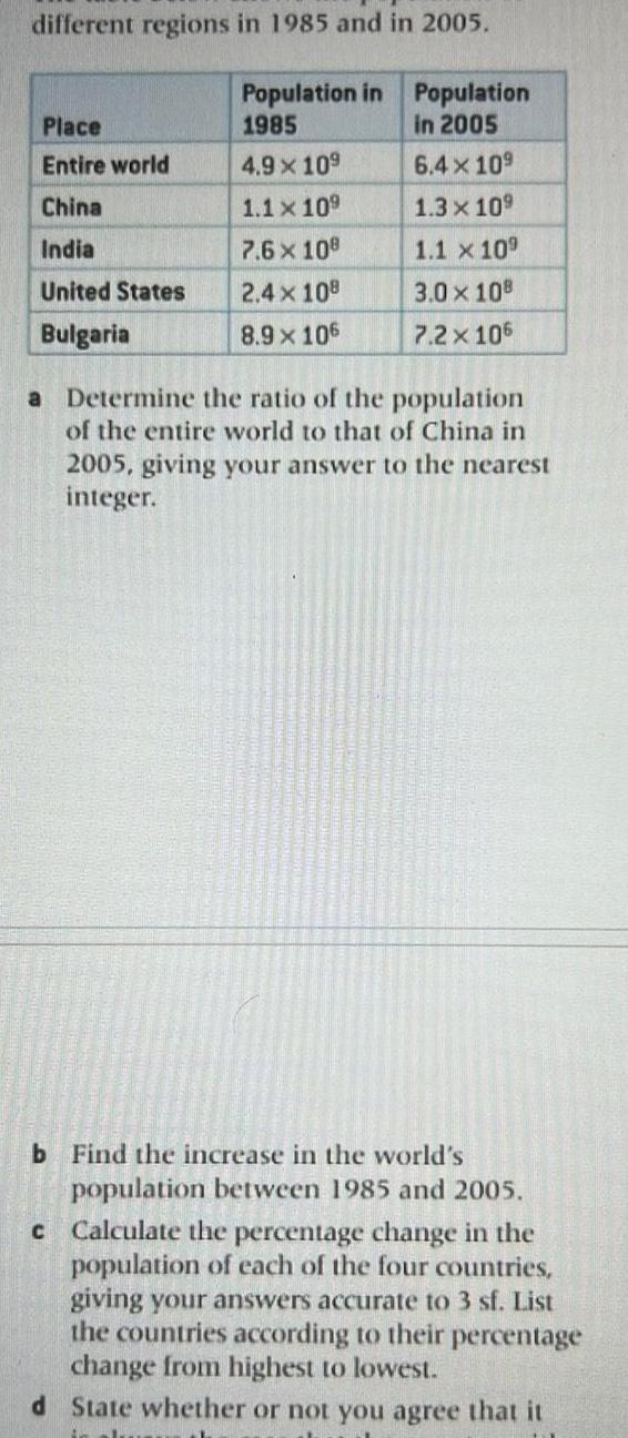 different regions in 1985 and in 2005 Population in Population 1985 in 2005 4 9 10 6 4 109 1 1 x 10 1 3 x 109 7 6 x 108 1 1 109 2 4 108 3 0 108 8 9 x 106 7 2 x 106 Place Entire world China India United States Bulgaria a Determine the ratio of the population of the entire world to that of China in 2005 giving your answer to the nearest integer b Find the increase in the world s population between 1985 and 2005 c Calculate the percentage change in the population of each of the four countries giving your answers accurate to 3 sf List the countries according to their percentage change from highest to lowest d State whether or not you agree that it