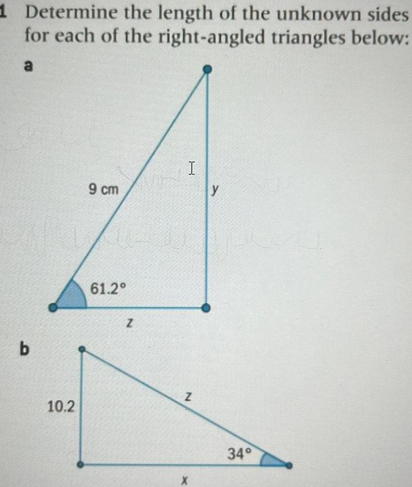 1 Determine the length of the unknown sides for each of the right angled triangles below b 10 2 9 cm 61 2 Z I Z y 34