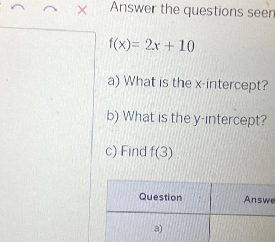 X Answer the questions seen f x 2x 10 a What is the x intercept b What is the y intercept c Find f 3 Question a Answe