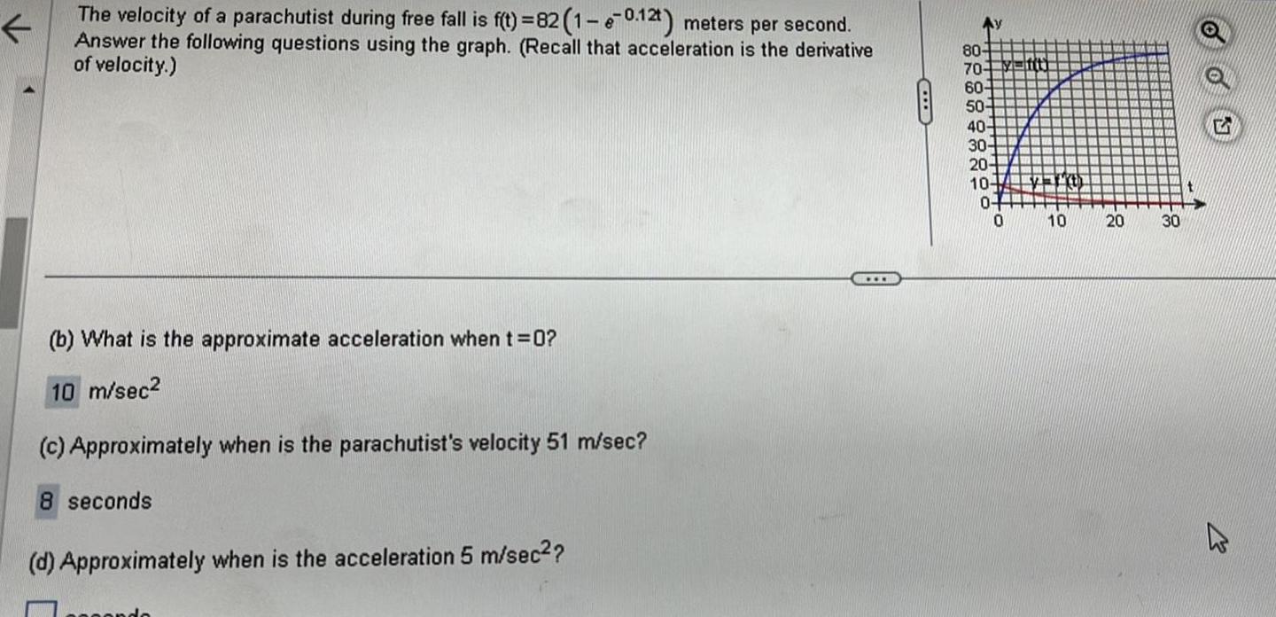 K The velocity of a parachutist during free fall is f t 82 1 e 0 12t meters per second Answer the following questions using the graph Recall that acceleration is the derivative of velocity b What is the approximate acceleration when t 0 10 m sec2 c Approximately when is the parachutist s velocity 51 m sec 8 seconds d Approximately when is the acceleration 5 m sec CHE Ay 80 70 60 50 40 30 20 10 0 0 10 20 30 S