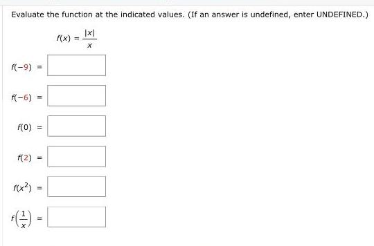 Evaluate the function at the indicated values If an answer is undefined enter UNDEFINED x X f 9 f 5 f 0 f 2 f x f f x