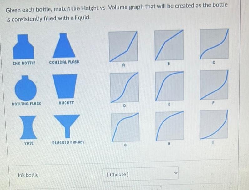 Given each bottle match the Height vs Volume graph that will be created as the bottle is consistently filled with a liquid INK BOTTLE BOILING FLASK YASE Ink bottle CONICAL FLASK BUCKET PLUGGED FUNNEL Choose