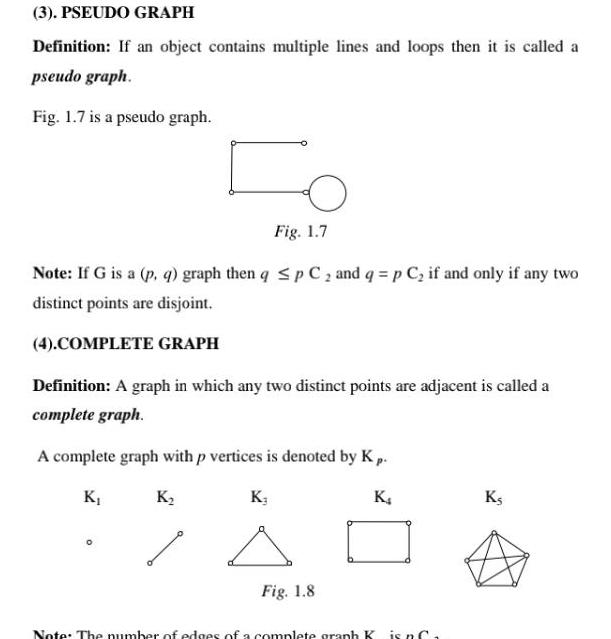 3 PSEUDO GRAPH Definition If an object contains multiple lines and loops then it is called a pseudo graph Fig 1 7 is a pseudo graph Fig 1 7 Note If G is a p q graph then q p C and q p C if and only if any two distinct points are disjoint 4 COMPLETE GRAPH Definition A graph in which any two distinct points are adjacent is called a complete graph A complete graph with p vertices is denoted by K p K K 0 K K Fig 1 8 Note The number of edges of a complete granh K is n C Ks