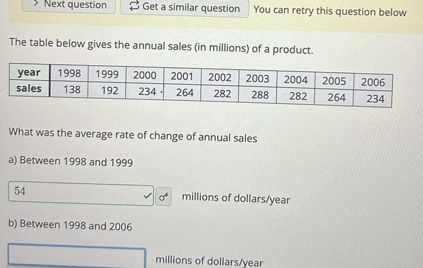 Next question The table below gives the annual sales in millions of a product year 1998 1999 2000 2001 2002 2003 2004 sales 138 192 234 264 282 288 282 What was the average rate of change of annual sales a Between 1998 and 1999 54 Get a similar question You can retry this question below b Between 1998 and 2006 millions of dollars year millions of dollars year 2005 2006 264 234