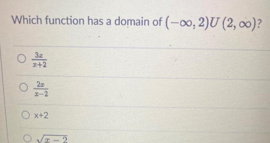 Which function has a domain of 0 2 U 2 00 O 3x x 2 20 x 2 O x 2 8