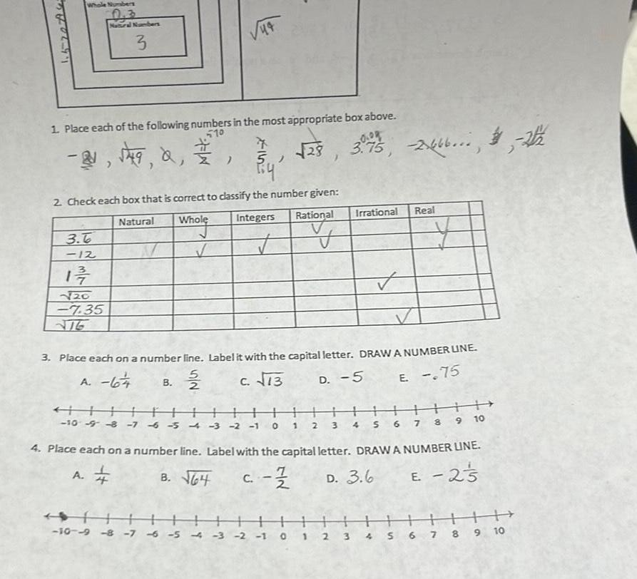 1 5 20 A4 1 Place each of the following numbers in the most appropriate box above 510 28 20 08 3 6 12 2 Check each box that is correct to classify the number given Natural Whole Integers 1 20 7 35 Natural Numbers 3 A 44 H B Rational V Irrational Real 3 Place each on a number line Label it with the capital letter DRAW A NUMBER LINE A 67 5 c 13 D 5 E 75 411 10 9 8 7 6 5 3 2 1 0 4 Place each on a number line Label with the capital letter DRAW A NUMBER LINE 4 B 64 c 21 12 C D 3 6 E 23 E 2 3 4 56 1 7 8 1111 11 10 9 8 7 6 54 3 2 1 0 1 2 3 4 5 6 9 10 7 8 9 10