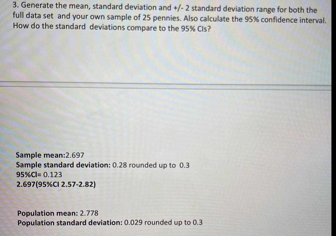 3 Generate the mean standard deviation and 2 standard deviation range for both the full data set and your own sample of 25 pennies Also calculate the 95 confidence interval How do the standard deviations compare to the 95 Cls Sample mean 2 697 Sample standard deviation 0 28 rounded up to 0 3 95 CI 0 123 2 697 95 CI 2 57 2 82 Population mean 2 778 Population standard deviation 0 029 rounded up to 0 3