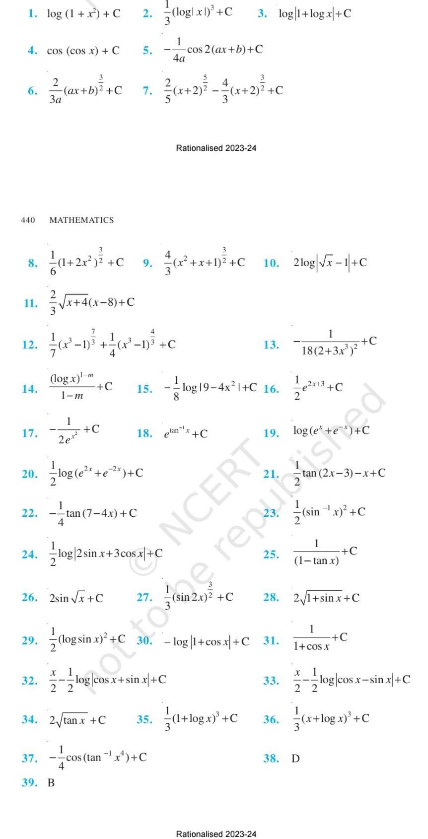 1 log 1 x C 4 cos cos x C 440 8 12 11 x 4 x 8 C 3 14 17 2 6 ax b C 7 x 2 x 2 C 3a 20 22 MATHEMATICS 32 log x l m 1 m 37 1 2e 1 2x C 9 x x 1 C 9 C 26 2sin x C C log e x e x C 1 29 log sin x C x 2 x 14 x 1 C tan 7 4x C 4 39 B 2 5 1 2 24 log 2 sin x 3 cos x C 15 4 3 logl x C cos tan x C 4 4a cos 2 ax b C Rationalised 2023 24 18 etan x C 8 3 34 2 tan x C 35 1 log x C 3 log 1 log x C 10 2log x 1 C e2x 3 log19 4x 1 C 16 3 C NCERT 13 Rationalised 2023 24 19 log e log 1 cos x C 31 25 1 18 2 3x 33 1 1 tan x 28 2 1 sinx C X tan 2x 3 x C 1 sin x C 1 1 cos x 38 D 1 C 22 C C otto e republished log cos x sinx C 36 x log x C 3