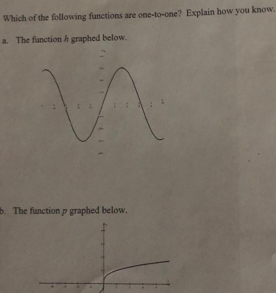 Which of the following functions are one to one Explain how you know a The function h graphed below b The function p graphed below