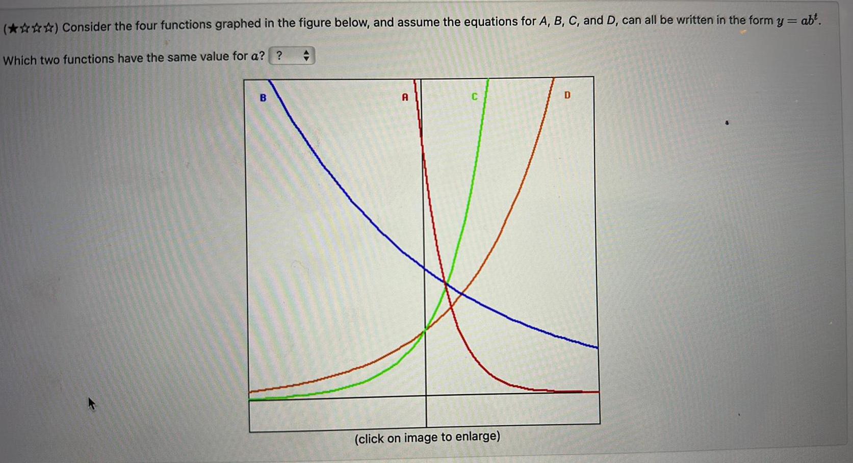 Consider the four functions graphed in the figure below and assume the equations for A B C and D can all be written in the form y abt Which two functions have the same value for a B A click on image to enlarge D