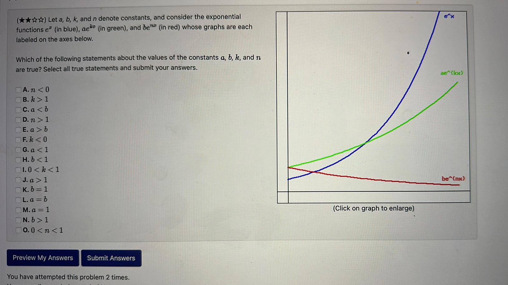 Let a b k and n denote constants and consider the exponential functions e in blue ae in green and ben in red whose graphs are each labeled on the axes below Which of the following statements about the values of the constants a b k and n are true Select all true statements and submit your answers A n 0 B k 1 C a b D n 1 E a b F k 0 G a 1 H b 1 1 0 k 1 J a 1 K b 1 L a b M a 1 N b 1 0 0 n 1 Preview My Answers Submit Answers You have attempted this problem 2 times Click on graph to enlarge ae kx be nx