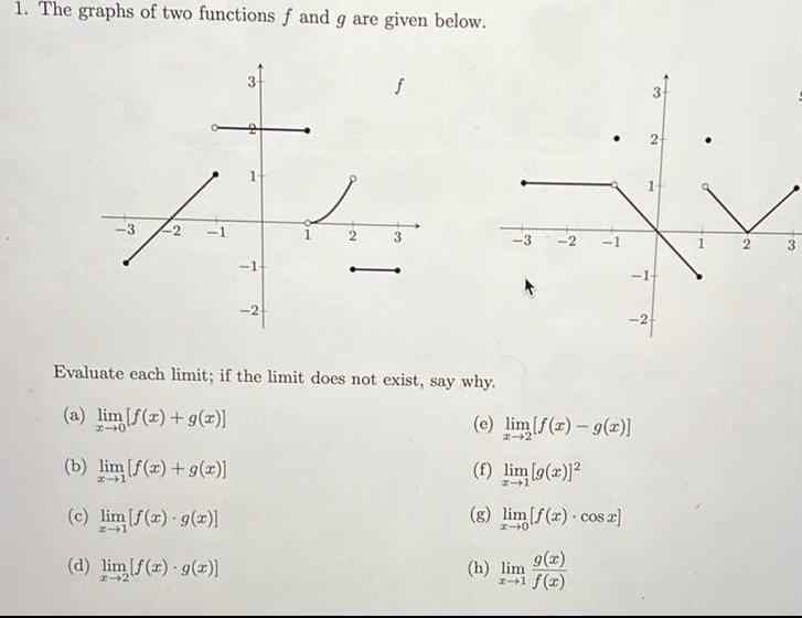 1 The graphs of two functions f and g are given below 11 Evaluate each limit if the limit does not exist say why a lim f x g x 40 b lim f x g x c lim f x g x d lim f x g x 14 e lim f x g x f lim 9 2 g lim f x cos z g x h lim f x 2 3