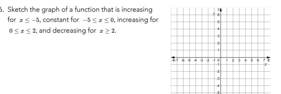 5 Sketch the graph of a function that is increasing for a 5 constant for 5 x 0 increasing for 0 x 2 and decreasing for x 2 6 5 4 3 2 1 8 7 6 5 4 3 2 10 1 2 3 4 5 1 2 3 4 5 6 7 8 tr