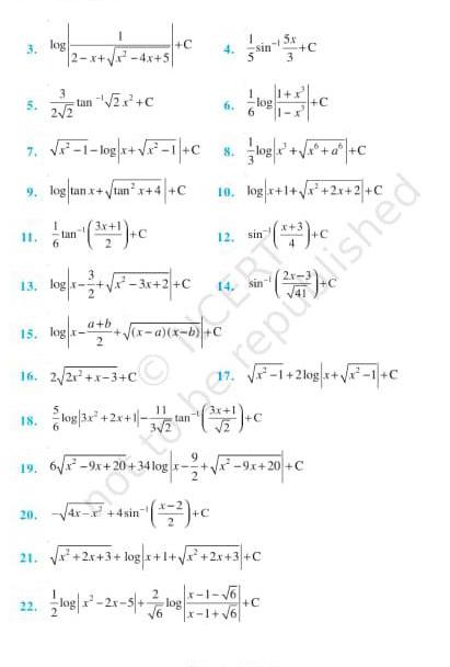 3 log 5 3 2 2 11 x tan 3x 1 c C 13 log x 2 x 3x 2 C 15 log x a b x a x b C 2 6 4x 5 22 tan 2x C 6 7 1 log x 1 C 8 log x x a C 9 log tanx tan x 4 C 10 log x 1 2x 2 C 16 2 2x x 3 C 18 log 3x 2x 1 19 6 x 9x 20 6 log 6 9 12 sin 2 5x 3 0 in c 21 x 2x 3 log x 1 2x 3 C 1 x 1 x 3 9x 20 C log x 2x 5 7 log x 1 6 C C 1 210g x 1 C you to be rept lished