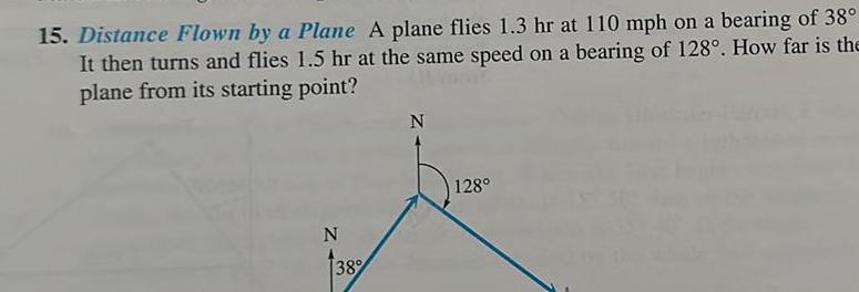 15 Distance Flown by a Plane A plane flies 1 3 hr at 110 mph on a bearing of 38 It then turns and flies 1 5 hr at the same speed on a bearing of 128 How far is the plane from its starting point N 38 N 128