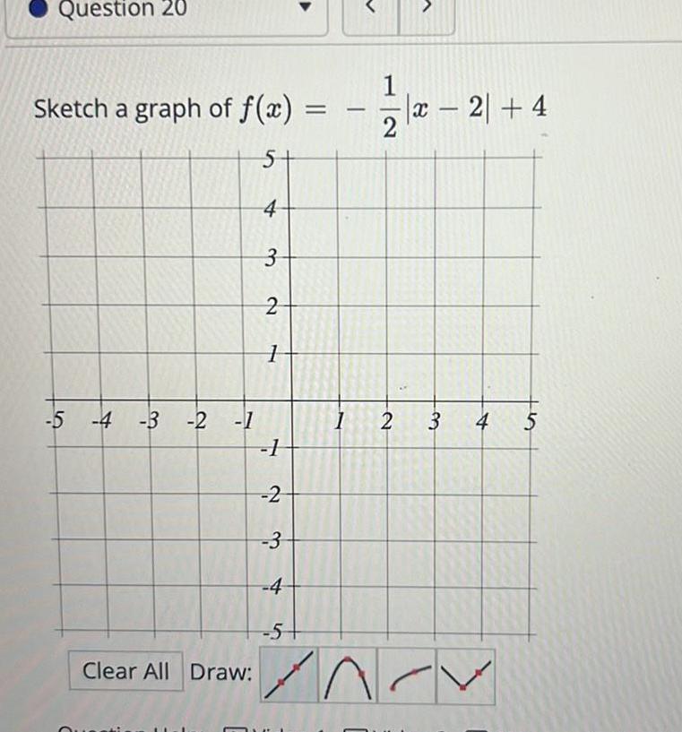 Question 20 Sketch a graph of f x 5 4 3 5 4 3 2 1 Clear All Draw 2 1 1 2 3 4 5 1 12 14 x 2 4 2 2 3 4 5 ANCY