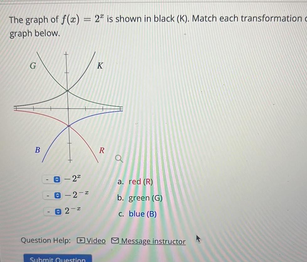 The graph of f x 2 is shown in black K Match each transformation c graph below B I 22 1 C 2 2 2 2 K Submit Question R a a red R b green G c blue B Question Help Video Message instructor