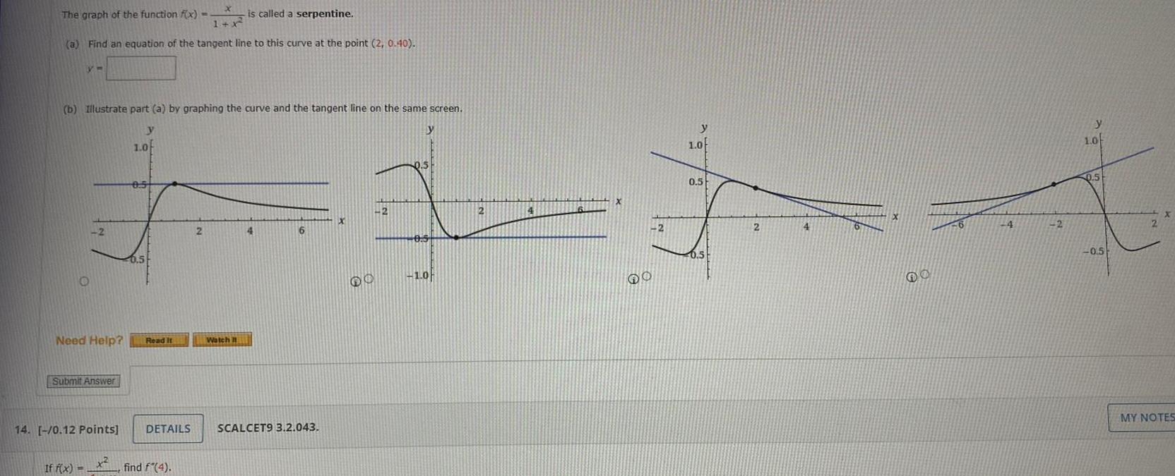 X is called a serpentine 1 x 2 a Find an equation of the tangent line to this curve at the point 2 0 40 The graph of the function f x VW b Illustrate part a by graphing the curve and the tangent line on the same screen y O 2 Need Help Submit Answer If f x 14 0 12 Points 1 0 05 0 5 Read It DETAILS find f 4 2 Watch It 4 6 SCALCET9 3 2 043 60 2 y 0 5 0 5 1 0 2 4 X 60 2 y 1 0 0 5 0 5 2 4 6 x 4 2 y 1 0 0 5 0 5 2 MY NOTES