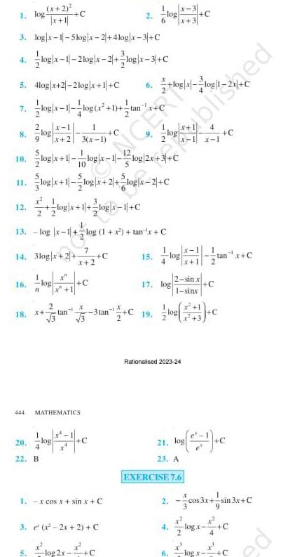 1 log 3 log x 1 5log x 2 4log x 3 C 4 log x 1 2log x 2 log x 3 C 5 4log x 2 2log x 1 C 8 10 11 12 29 50 5 3 x 2 C 1 x 2 3 x 1 log x 1 log x 1 5 444 20 22 14 3log x 2 C 7 x 2 16 log n 13 log x 1 log 1 x tan x C 18 x 3 log x 1 log x 2 log x 2 C log x log x 1 C x 4 22 B 1 H tan C X 3 MATHEMATICS 3tan 2 1 x cos x sin x C 6 3 e x 2x 2 C log2r C 6 15 log 19 17 log log 4 x 1 x 3 21 Rationalised 2023 24 2 sin x 1 siny blished 23 A EXERCISE 7 6 6 x 1 C 10g c 2 cos3x sin 3x C 4 log x tan x C log x C pe