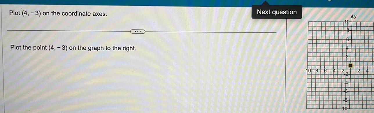 Plot 4 3 on the coordinate axes Plot the point 4 3 on the graph to the right Next question 10 8 B 4 10 e 2 Ay