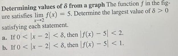 Determining values of 6 from a graph The function f in the fig ure satisfies lim f x 5 Determine the largest value of 8 0 x 2 satisfying each statement a If 0 x2 8 then f x 5 2 b If 0 x2 8 then f x 5 1