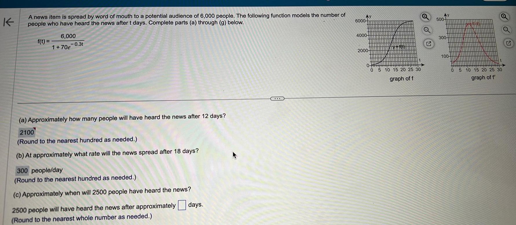 K A news item is spread by word of mouth to a potential audience of 6 000 people The following function models the number of people who have heard the news after t days Complete parts a through g below 6 000 1 70e 0 3t f t a Approximately how many people will have heard the news after 12 days 2100 Round to the nearest hundred as needed b At approximately what rate will the news spread after 18 days 300 people day Round to the nearest hundred as needed c Approximately when will 2500 people have heard the news 2500 people will have heard the news after approximately Round to the nearest whole number as needed days Ay 6000 4000 2000 0 0 5 10 15 20 25 30 graph of f Q G Ay 500 300 100 oo 0 5 10 15 20 25 30 graph of f E