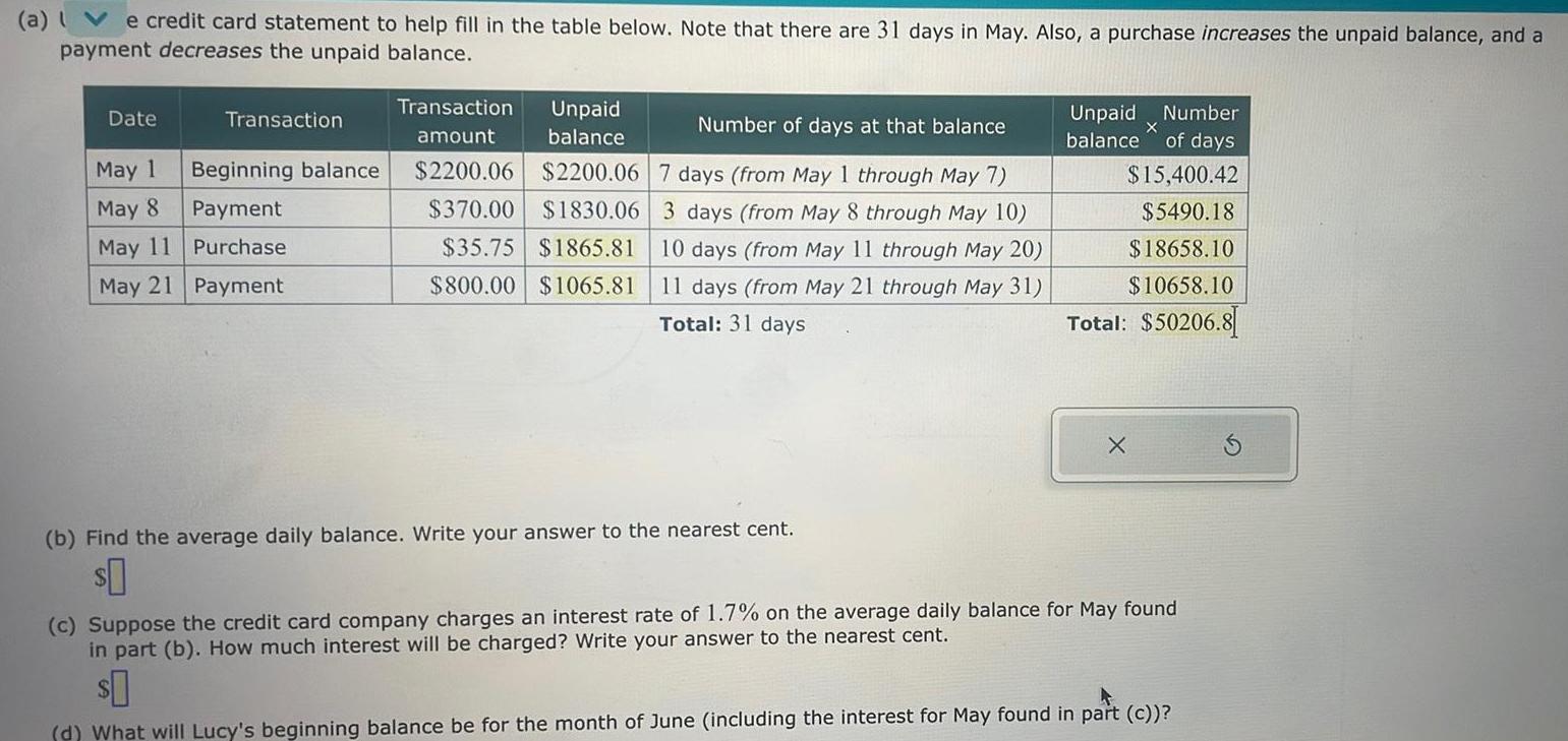 a e credit card statement to help fill in the table below Note that there are 31 days in May Also a purchase increases the unpaid balance and a payment decreases the unpaid balance Date Transaction May 1 May 8 May 11 May 21 Payment Beginning balance Payment Purchase Transaction amount Unpaid Number of days at that balance balance 2200 06 2200 06 7 days from May 1 through May 7 370 00 35 75 1865 81 10 days from May 11 through May 20 800 00 1065 81 11 days from May 21 through May 31 Total 31 days 1830 06 3 days from May 8 through May 10 b Find the average daily balance Write your answer to the nearest cent 0 Unpaid Number balance of days X 15 400 42 5490 18 18658 10 10658 10 Total 50206 8 X c Suppose the credit card company charges an interest rate of 1 7 on the average daily balance for May found in part b How much interest will be charged Write your answer to the nearest cent 0 d What will Lucy s beginning balance be for the month of June including the interest for May found in part c