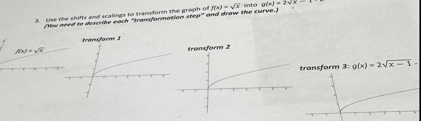 3 f x x Use the shifts and scalings to transform the graph of f x x into g x 2 x You need to describe each transformation step and draw the curve transform 1 transform 2 transform 3 g x 2 x 1